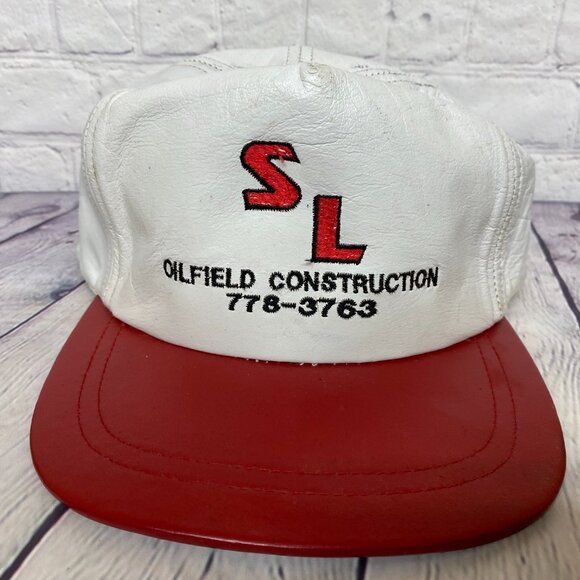 Vintage Leather Hat Strap Back White Red SL Oilfield Construction - Sweat Stains - Picture 5 of 12